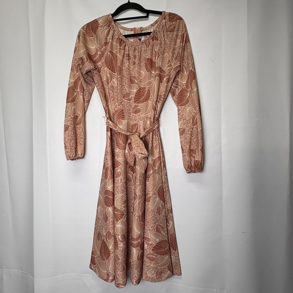 Vintage Sears Floral Long Sleeve‎ Midi Dress Tan Brown Belted 70s Retro Small